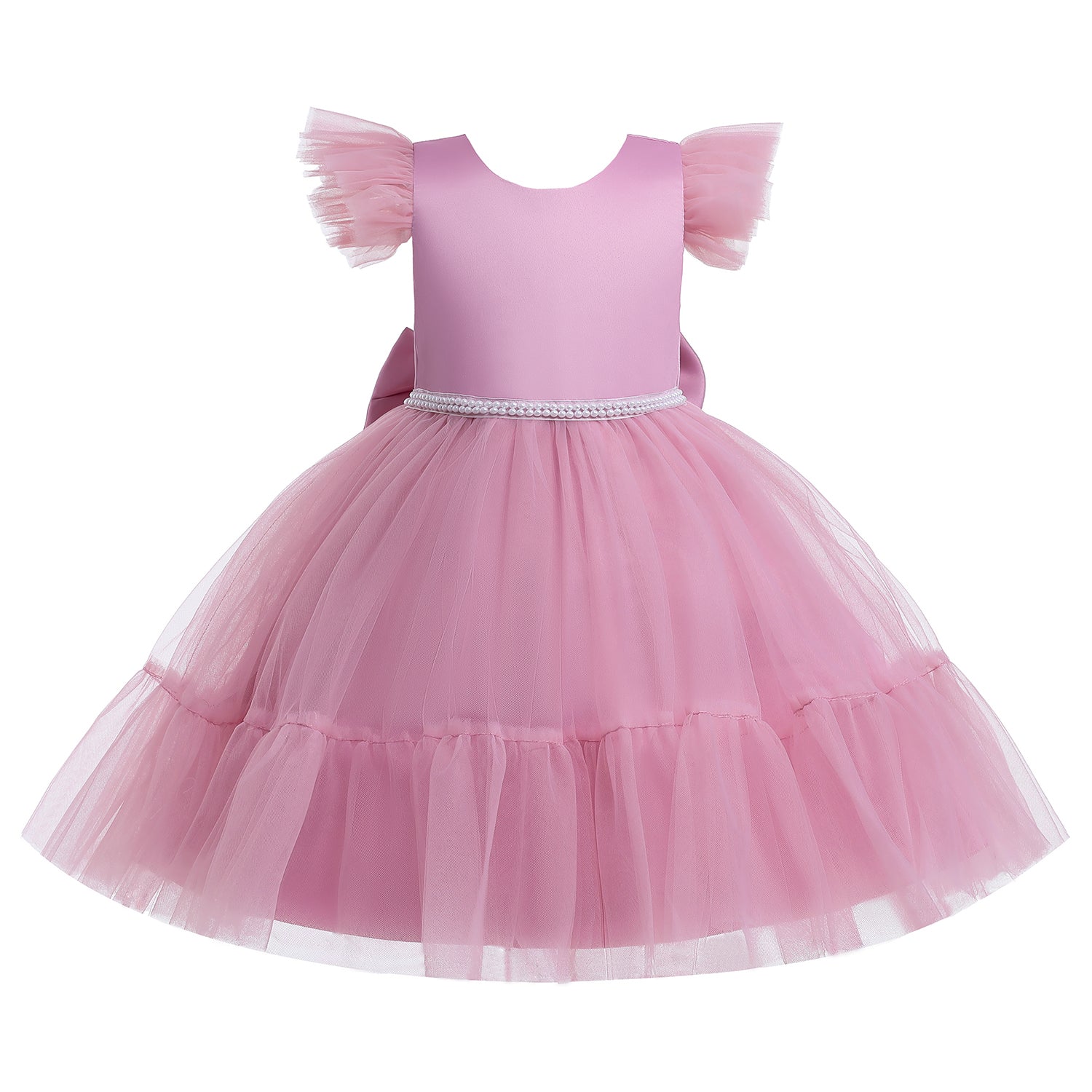 Pink Girls Flared Sleeves Bow Embellished Fit & Flare Dress