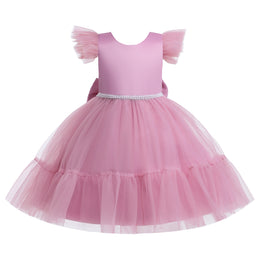 Pink Girls Flared Sleeves Bow Embellished Fit & Flare Dress