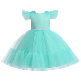 Green Girls Flared Sleeves Bow Embellished Fit & Flare Dress