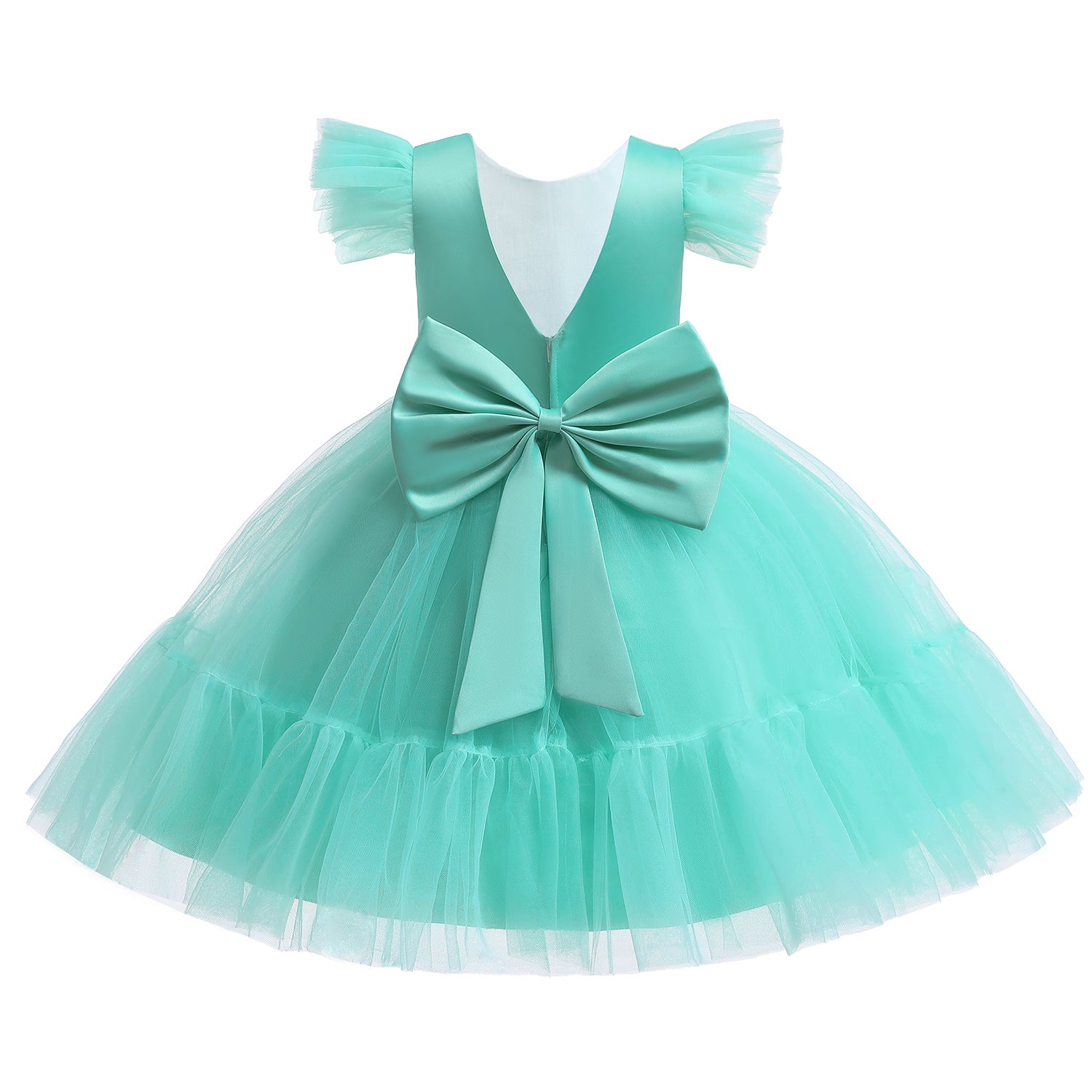 Green Girls Flared Sleeves Bow Embellished Fit & Flare Dress