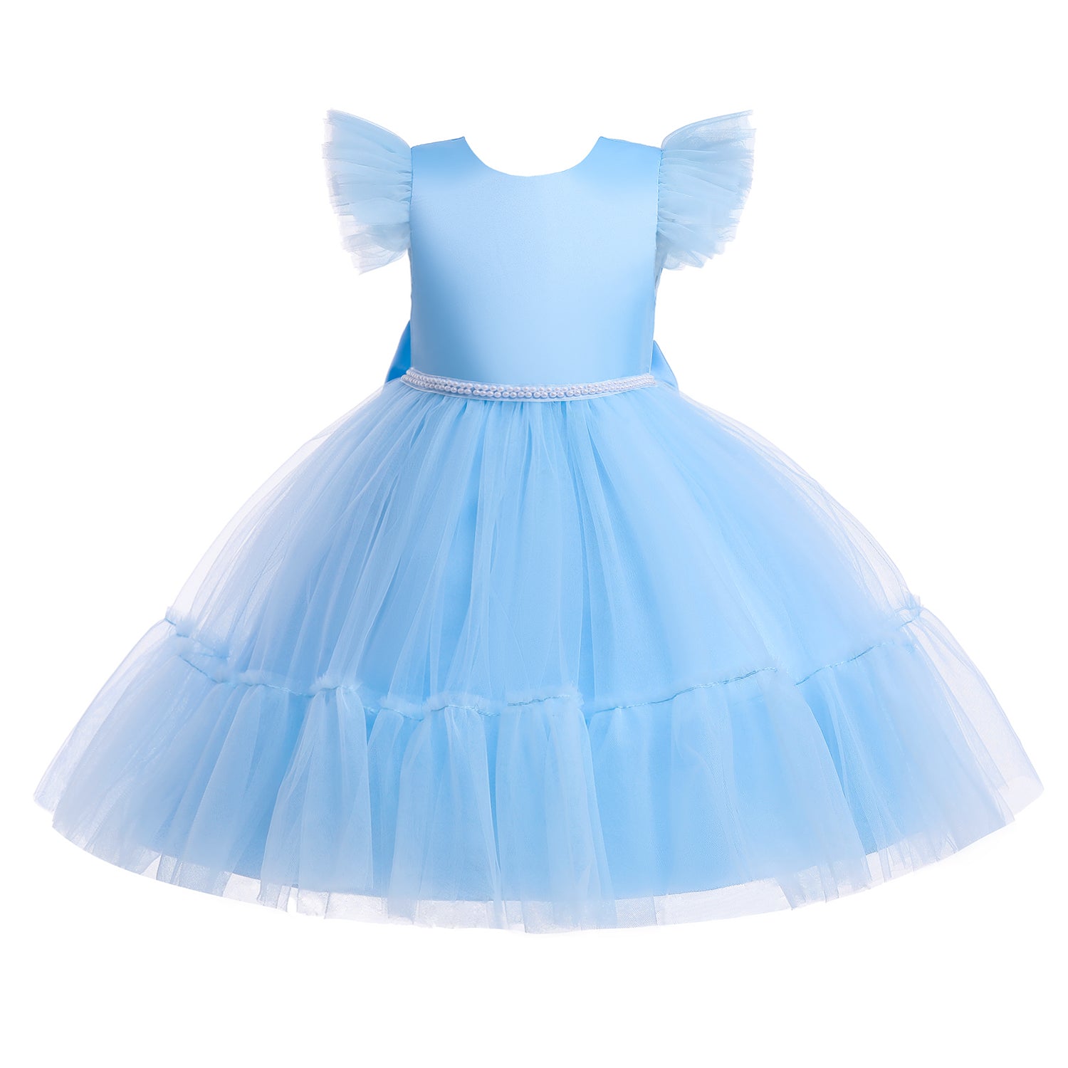Blue Girls Round Neck Flutter Sleeves Fit & Flare Dress