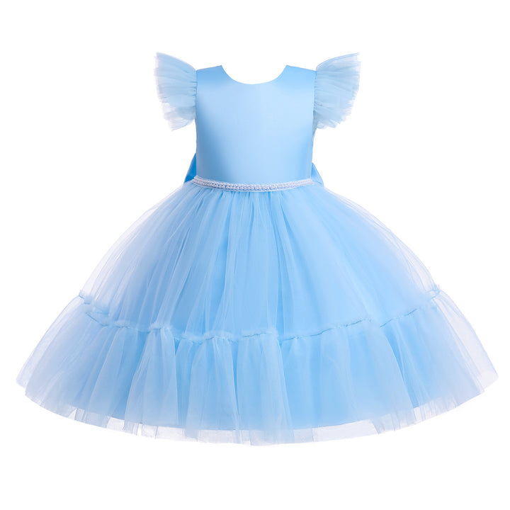 Blue Girls Round Neck Flutter Sleeves Fit & Flare Dress