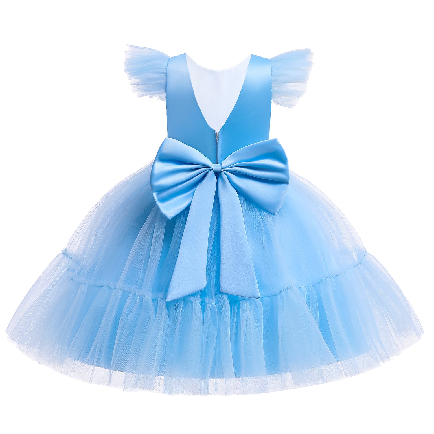 Blue Girls Round Neck Flutter Sleeves Fit & Flare Dress