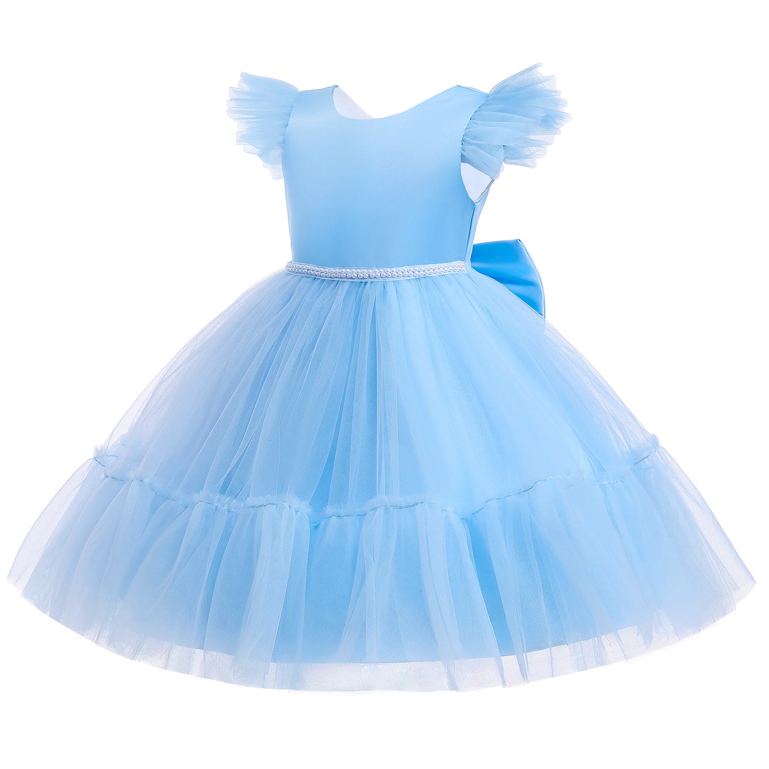 Blue Girls Round Neck Flutter Sleeves Fit & Flare Dress