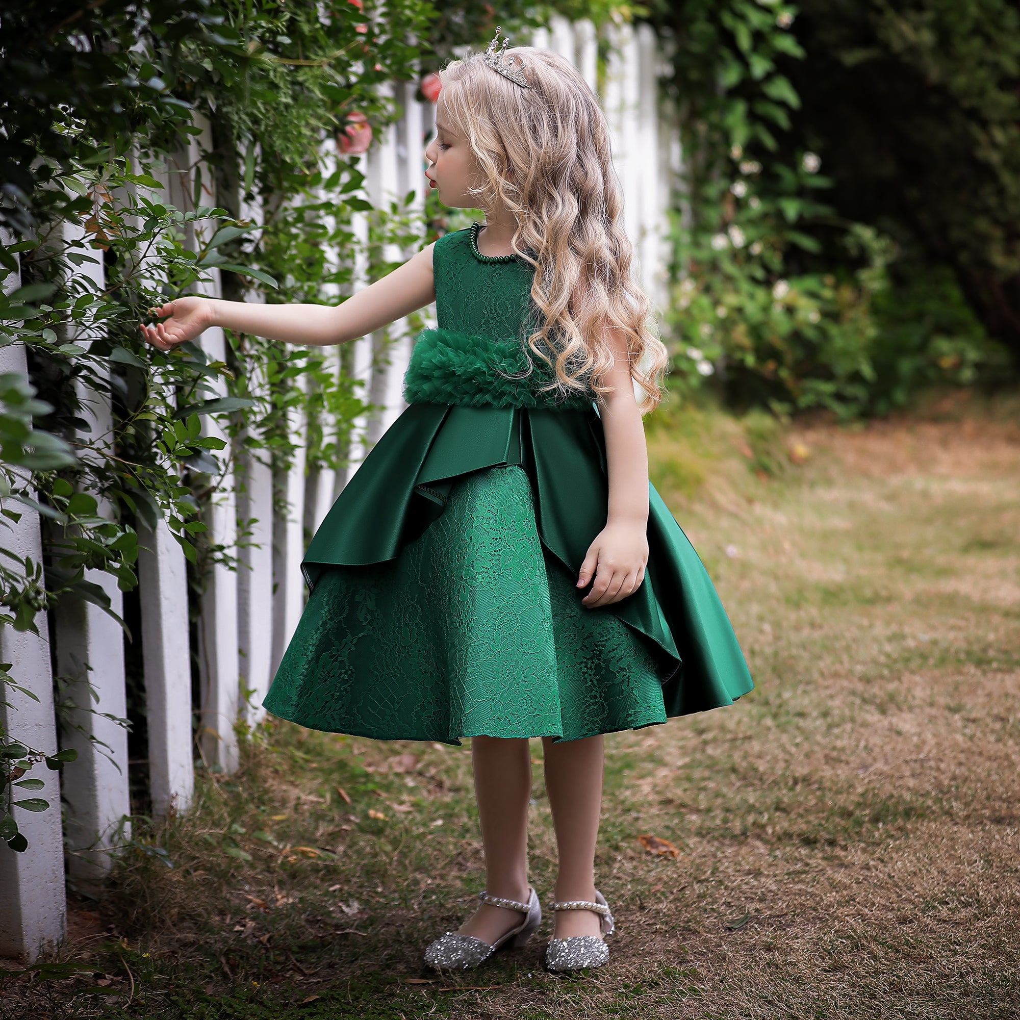 Girls Green Print Applique Fit & Flare Dress