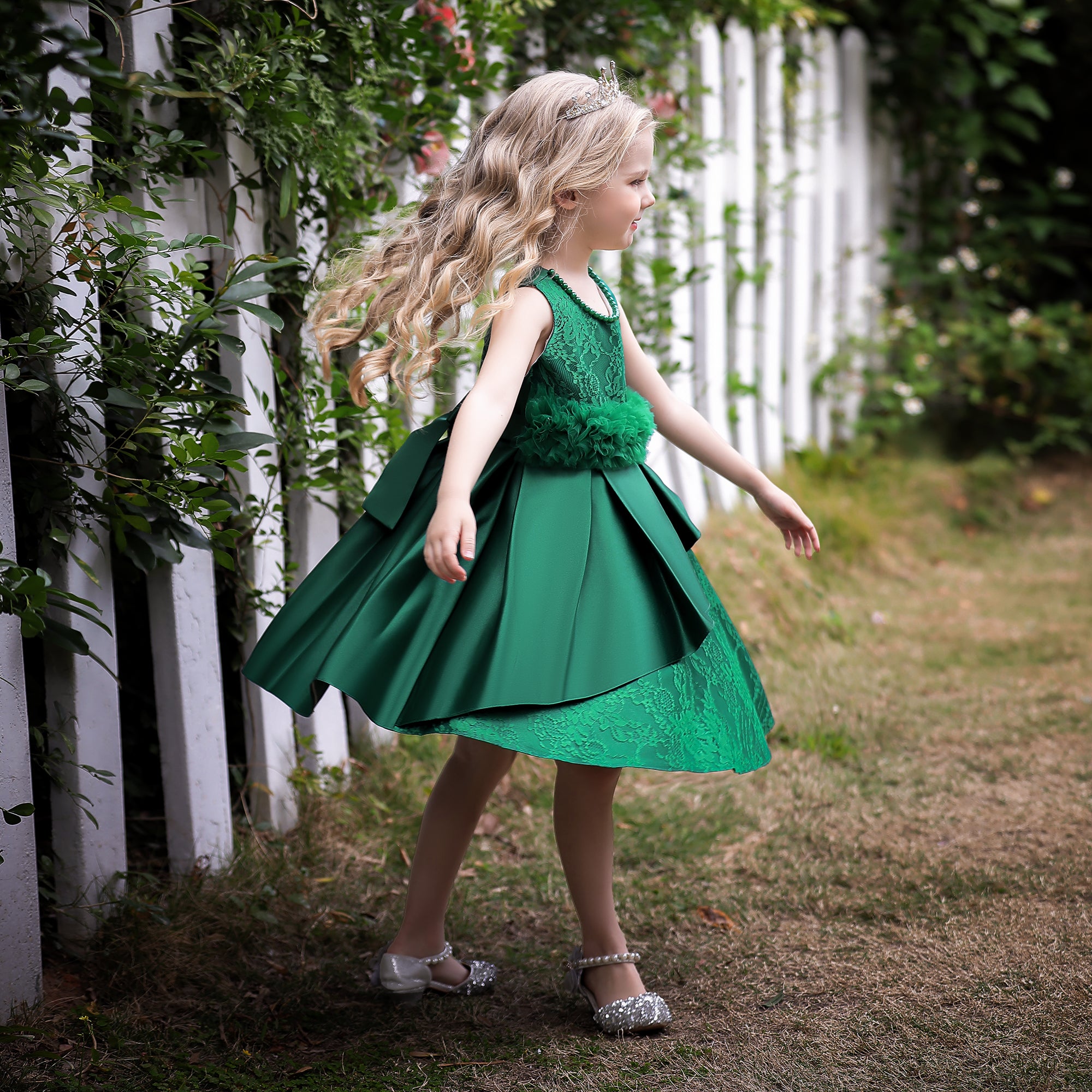 Girls Green Print Applique Fit & Flare Dress