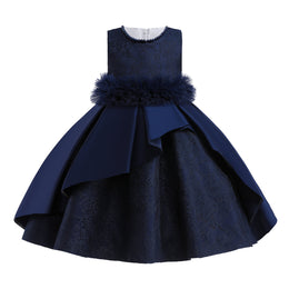 Girls Navy Blue Floral Self Design Lace Balloon Dress