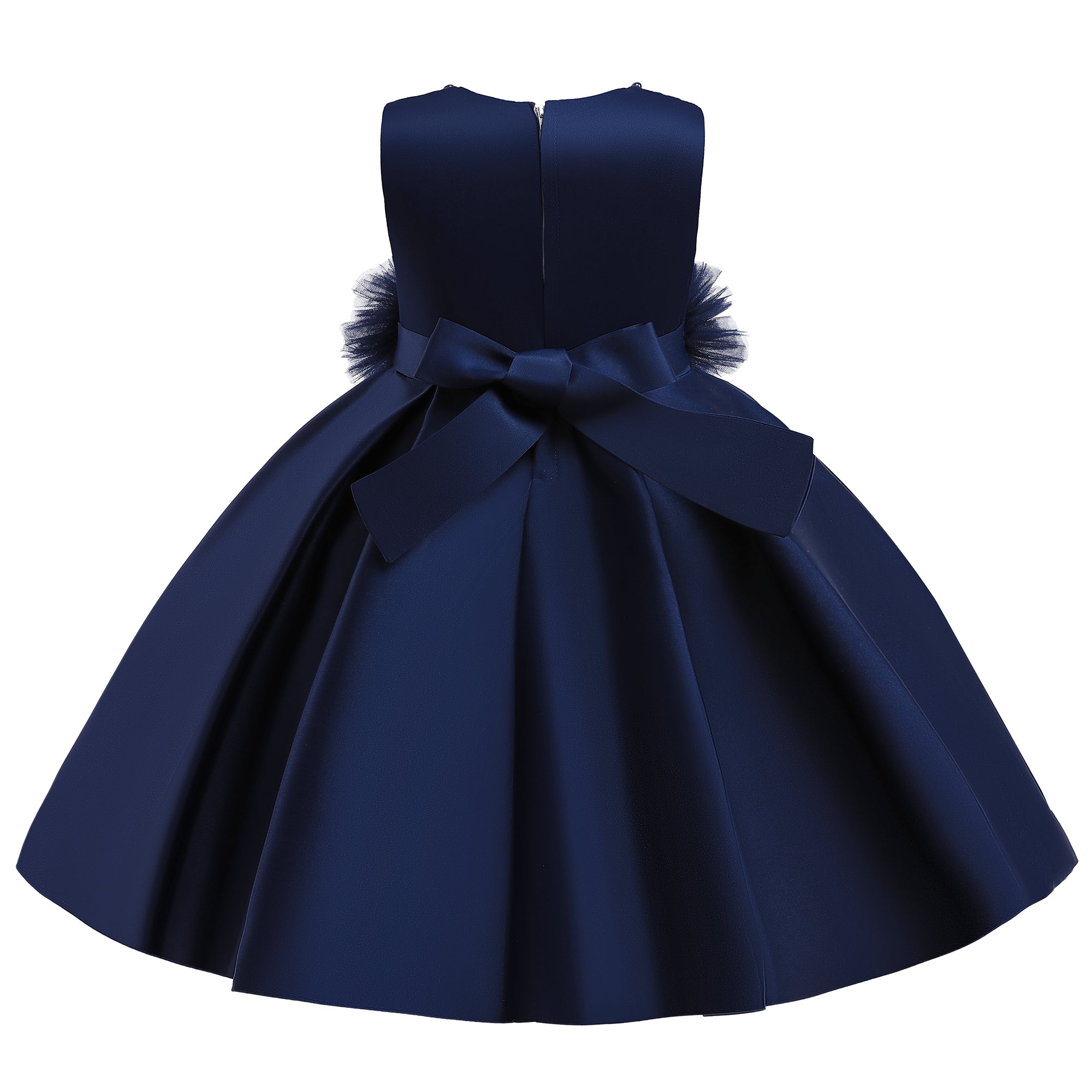 Girls Navy Blue Floral Self Design Lace Balloon Dress