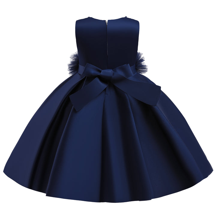 Girls Navy Blue Floral Self Design Lace Balloon Dress