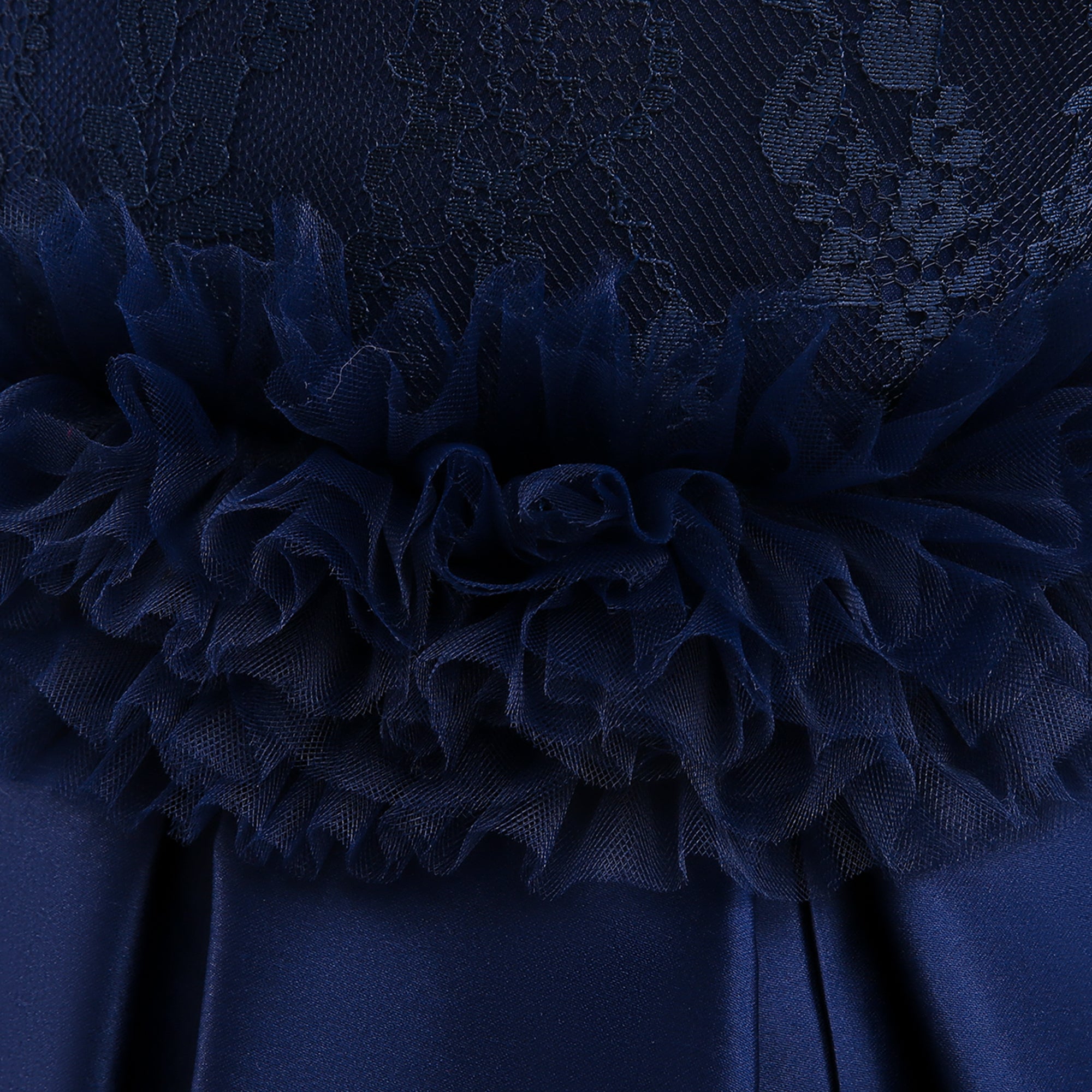 Girls Navy Blue Floral Self Design Lace Balloon Dress