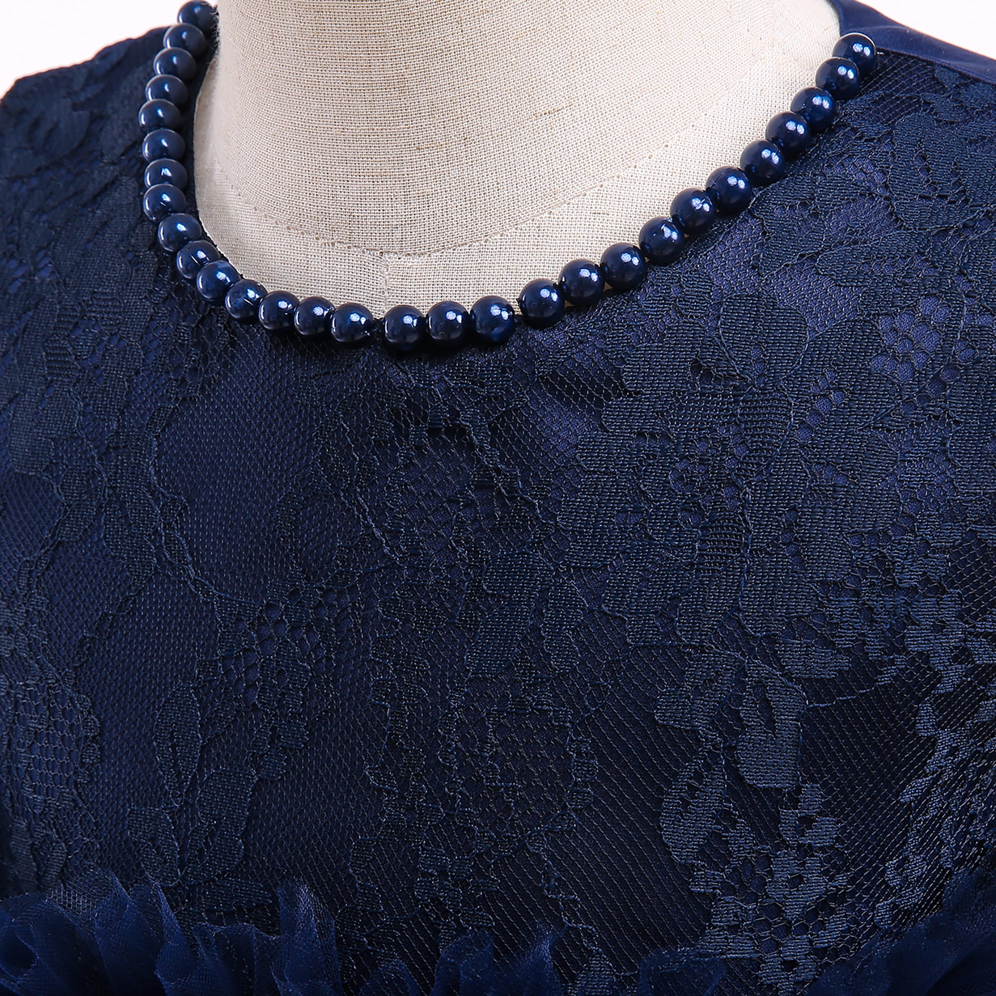 Girls Navy Blue Floral Self Design Lace Balloon Dress