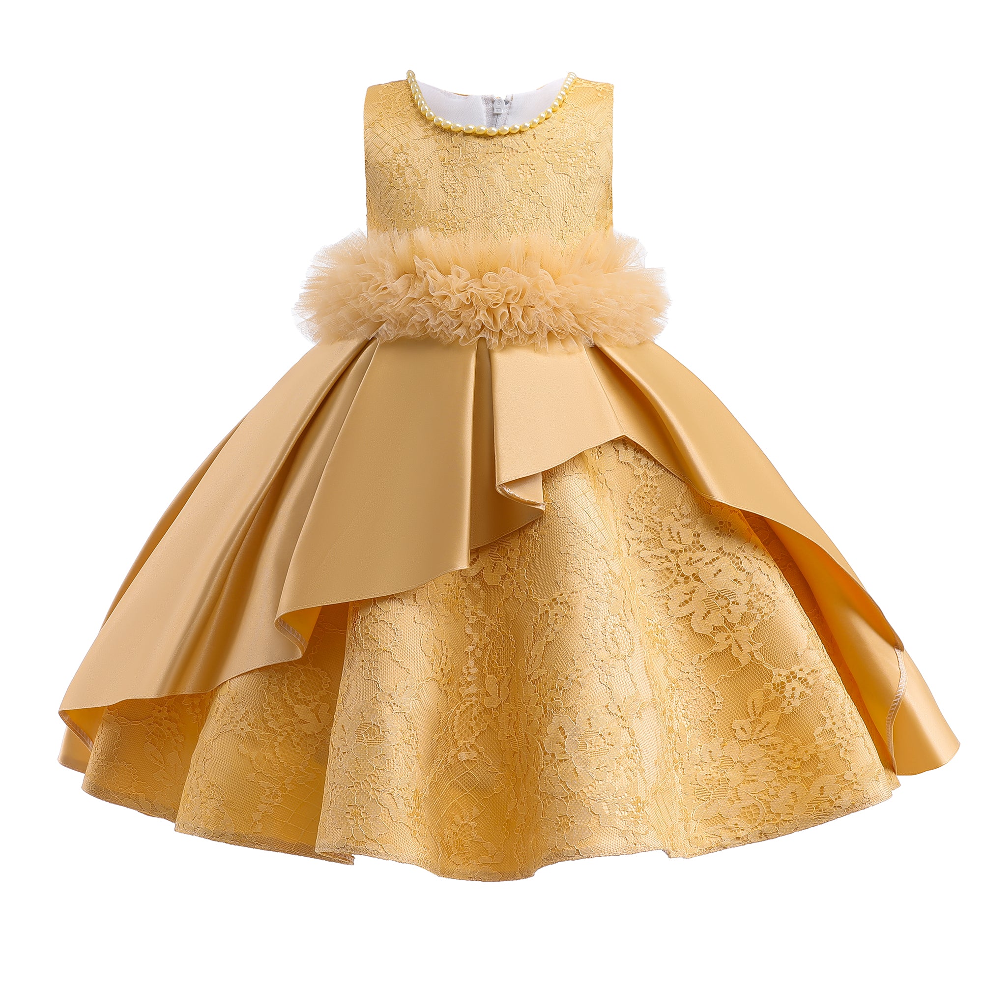 Girls Yellow Self Design Round Neck Applique Party Balloon Maxi Dress