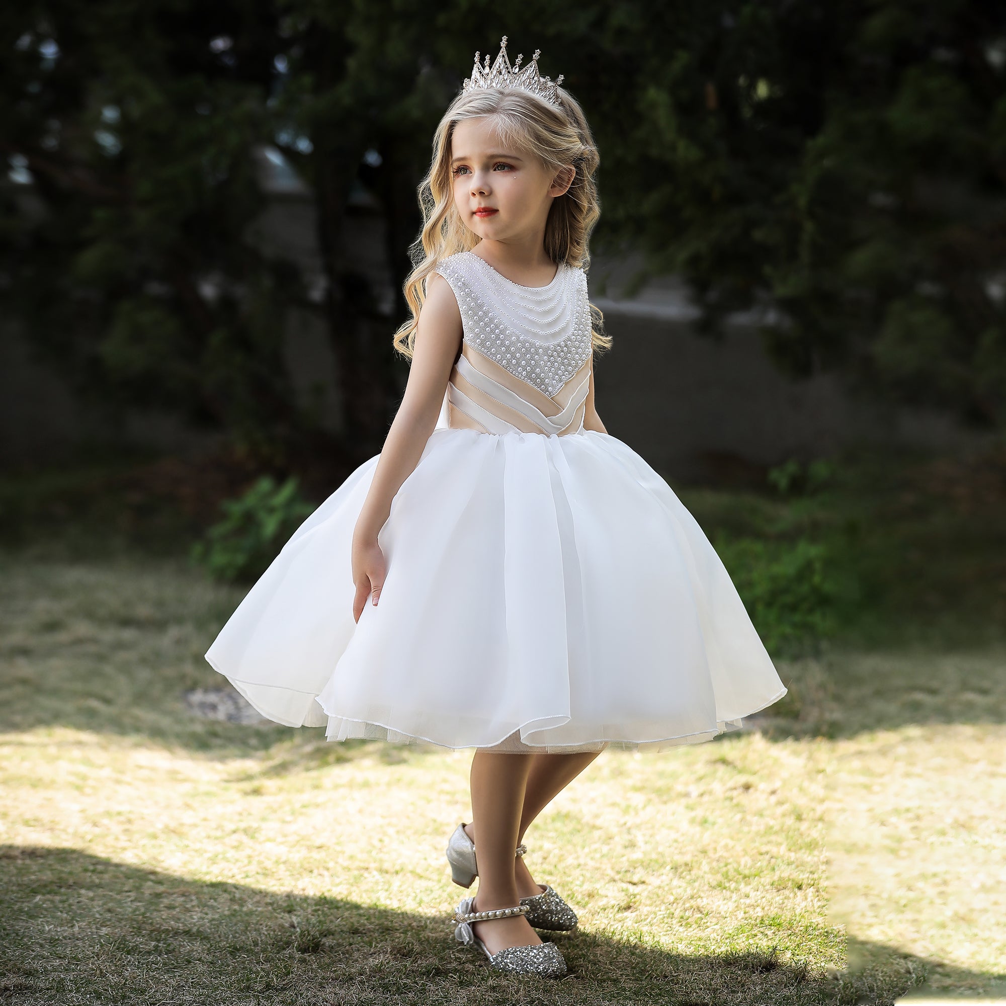 Girls White Embellished Balloon Party Dress