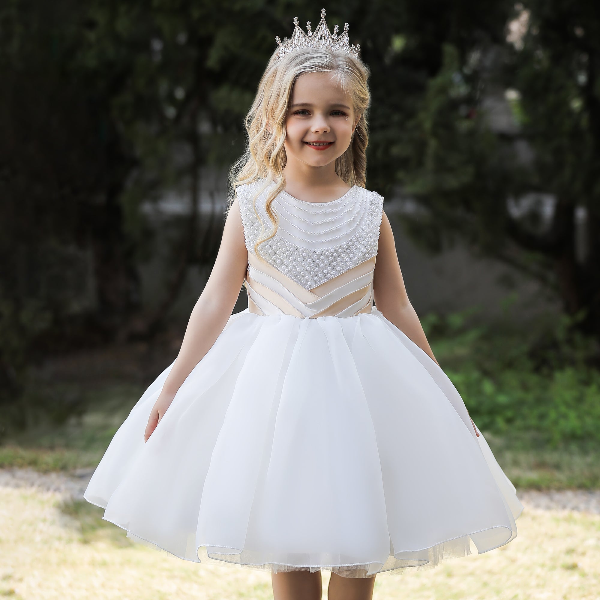 Girls White Embellished Balloon Party Dress