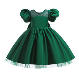 Green Girls Puff Sleeves Bow Fit & Flare Dress
