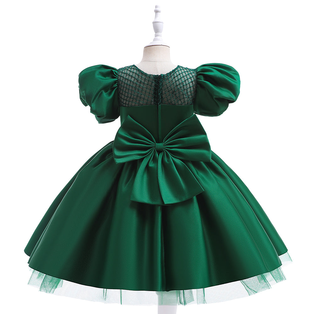 Green Girls Puff Sleeves Bow Fit & Flare Dress