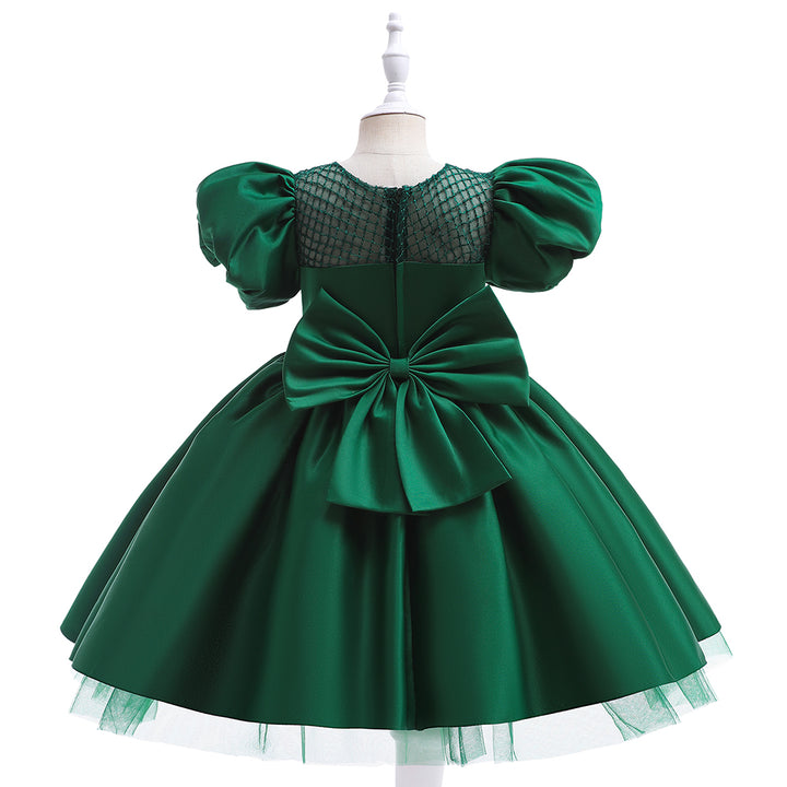 Green Girls Puff Sleeves Bow Fit & Flare Dress