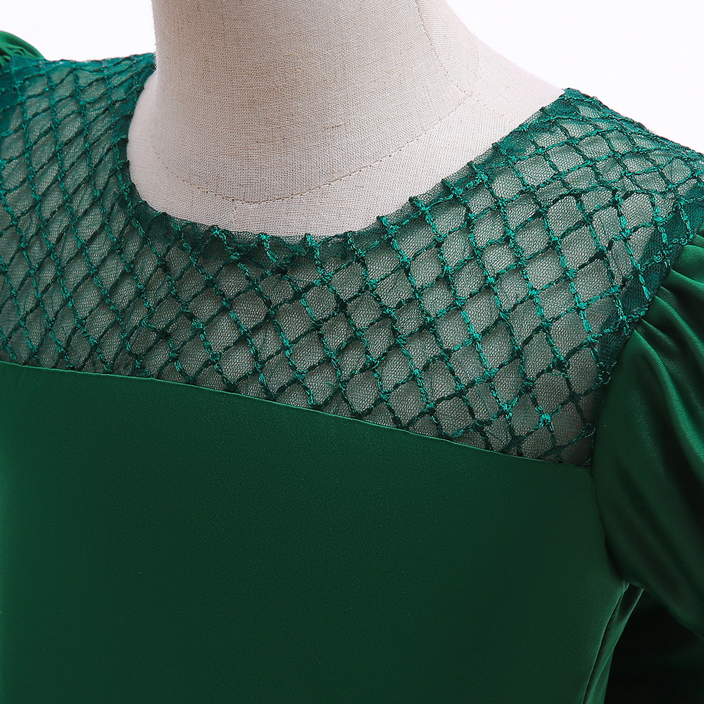 Green Girls Puff Sleeves Bow Fit & Flare Dress
