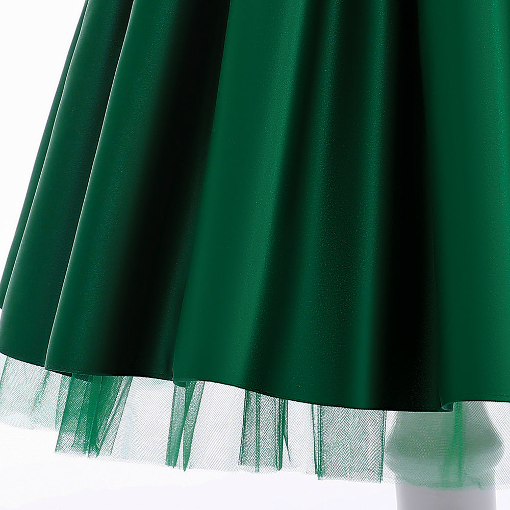 Green Girls Puff Sleeves Bow Fit & Flare Dress