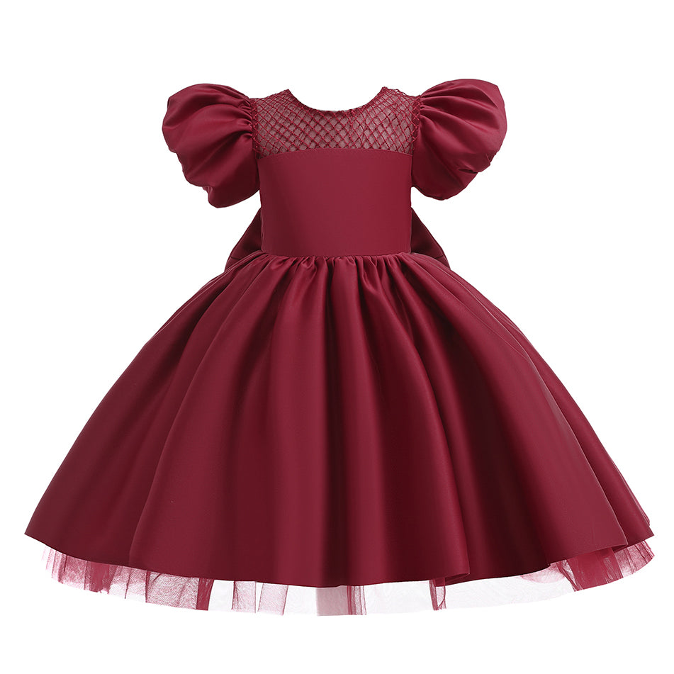 Girls Maroon Puff Sleeve Bow Detail Fit & Flare Dress