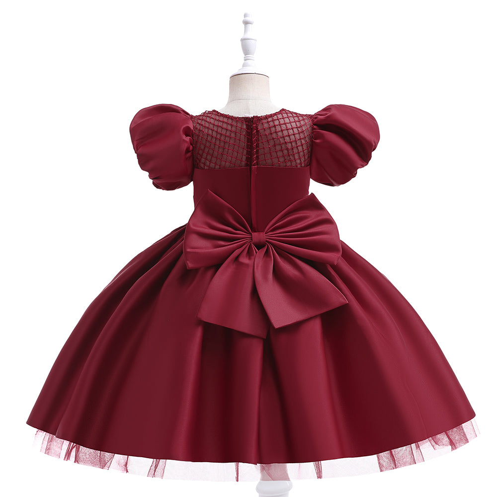 Girls Maroon Puff Sleeve Bow Detail Fit & Flare Dress