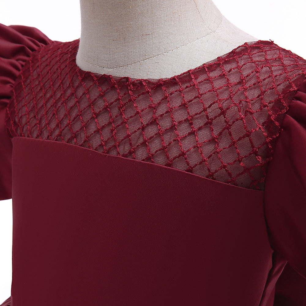 Girls Maroon Puff Sleeve Bow Detail Fit & Flare Dress