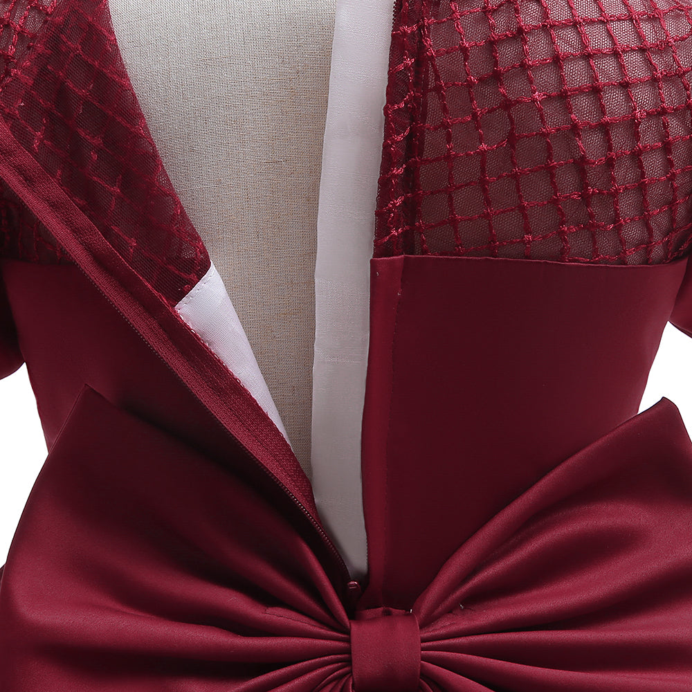 Girls Maroon Puff Sleeve Bow Detail Fit & Flare Dress