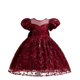 Maroon Embellished Puff Sleeve Fit & Flare Dress