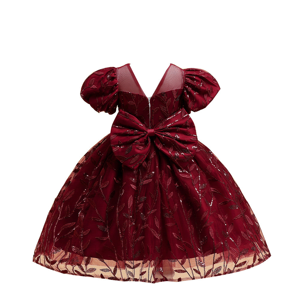 Maroon Embellished Puff Sleeve Fit & Flare Dress