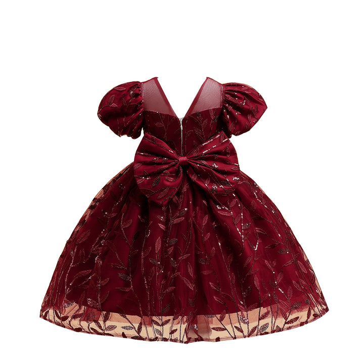 Maroon Embellished Puff Sleeve Fit & Flare Dress