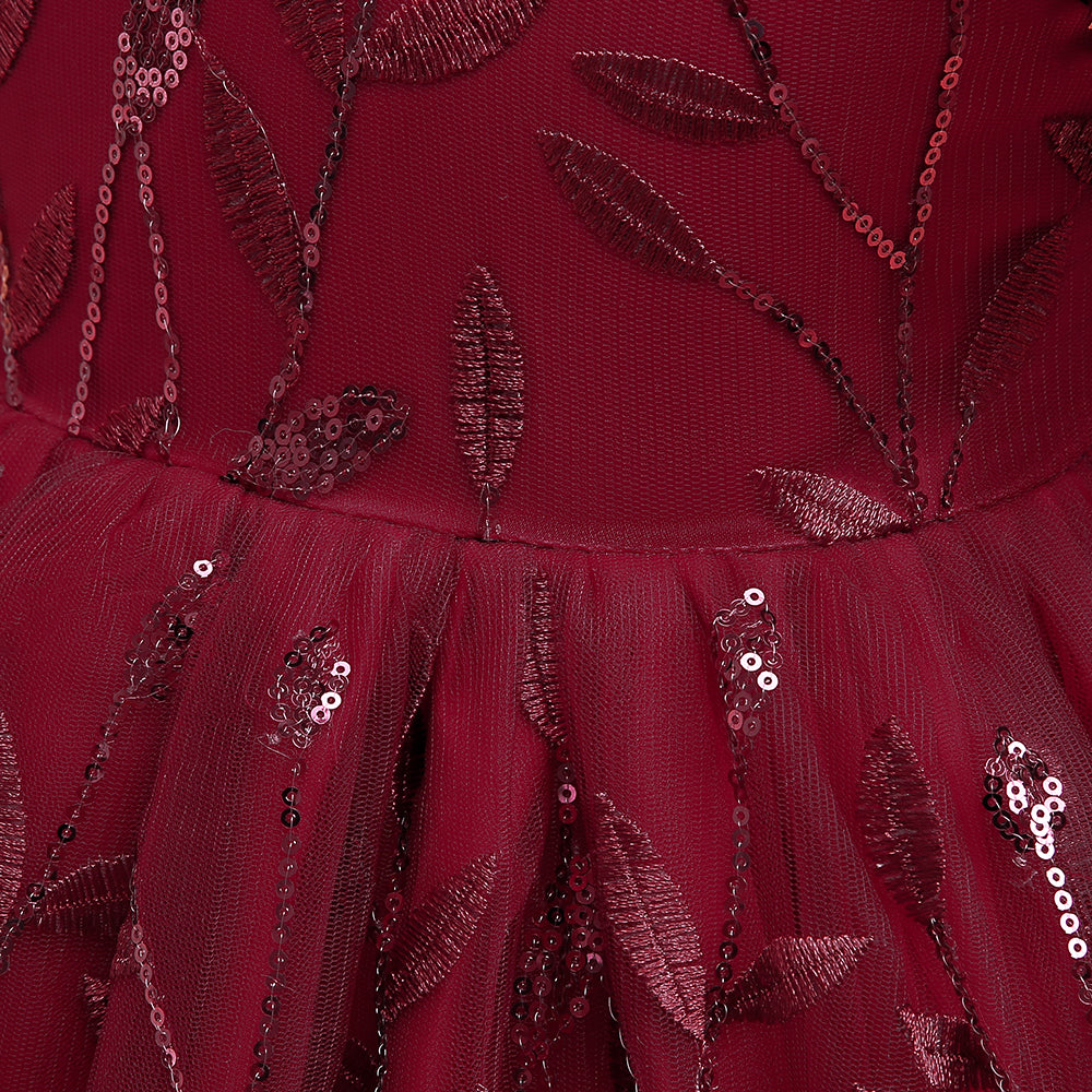 Maroon Embellished Puff Sleeve Fit & Flare Dress