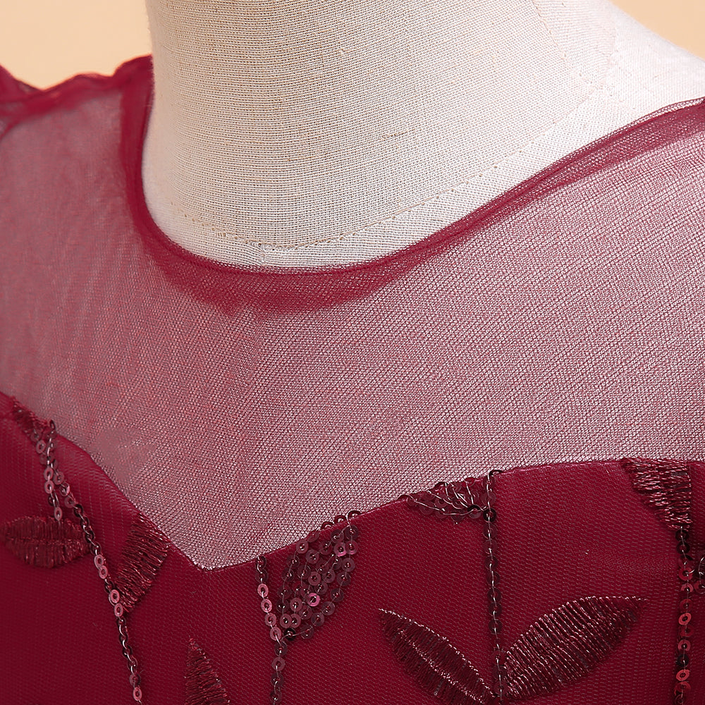 Maroon Embellished Puff Sleeve Fit & Flare Dress