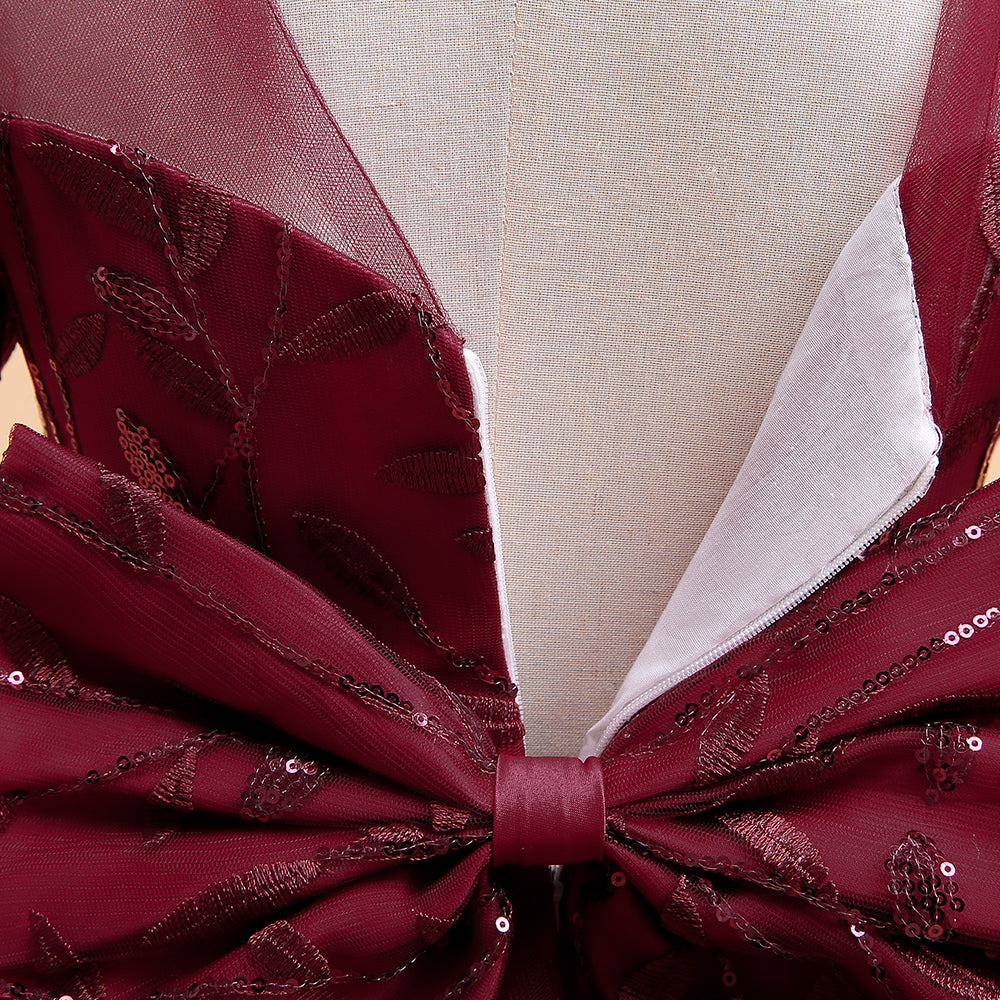 Maroon Embellished Puff Sleeve Fit & Flare Dress