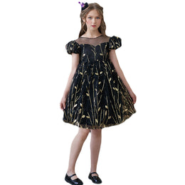 Girls Black Floral Self Design Puff Sleeve A-Line Dress