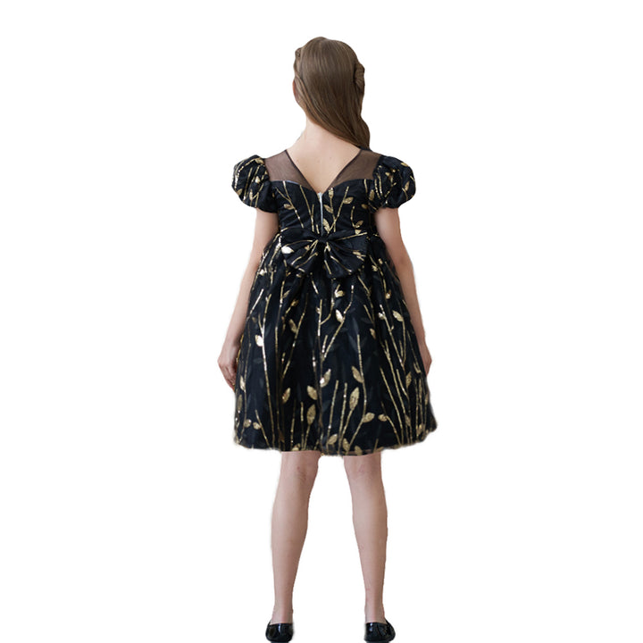 Girls Black Floral Self Design Puff Sleeve A-Line Dress