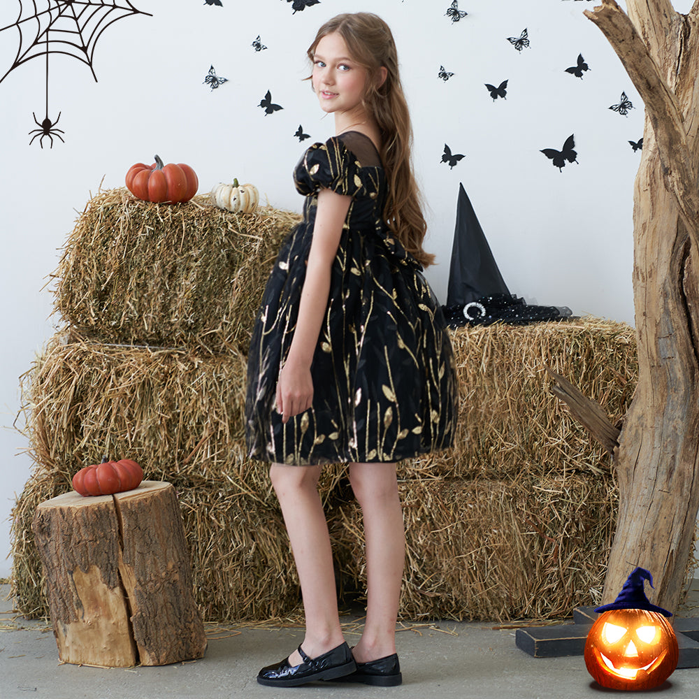 Girls Black Floral Self Design Puff Sleeve A-Line Dress