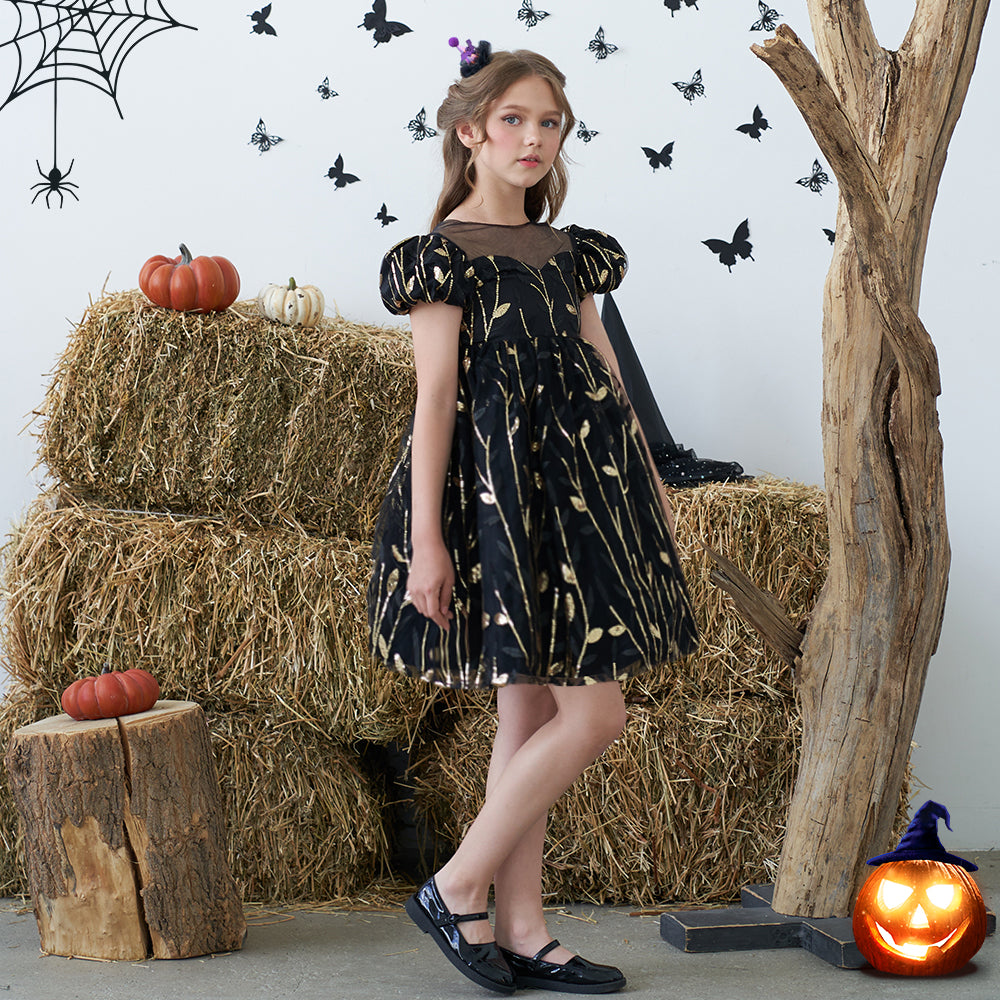Girls Black Floral Self Design Puff Sleeve A-Line Dress