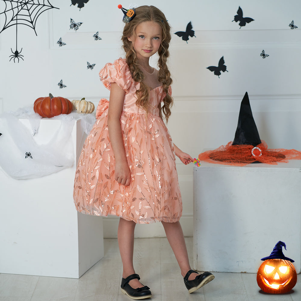 Pink & shadow gray Floral Puff Sleeve Balloon Dress