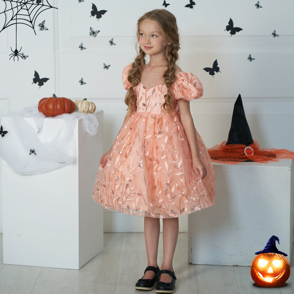 Pink & shadow gray Floral Puff Sleeve Balloon Dress