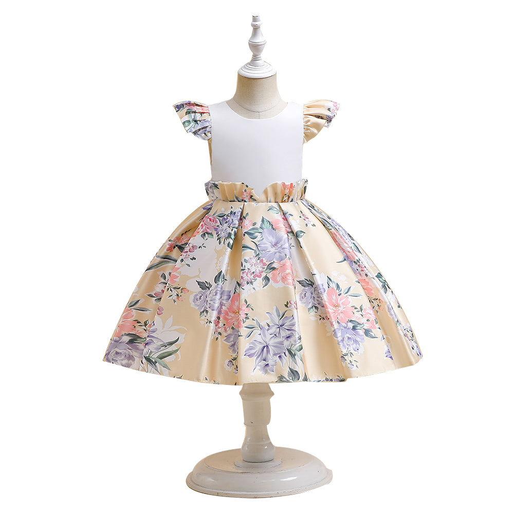 Girls White Round Neck Floral Print Ruffled Fit & Flare Dress