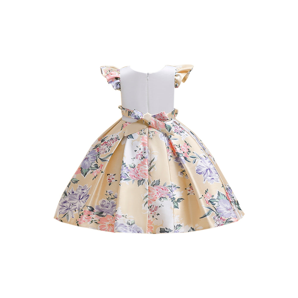 Girls White Round Neck Floral Print Ruffled Fit & Flare Dress