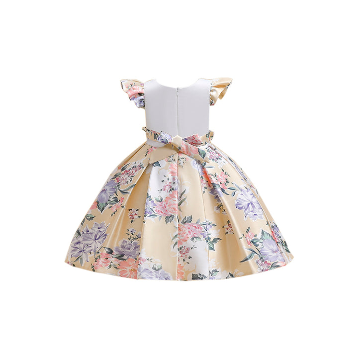 Girls White Round Neck Floral Print Ruffled Fit & Flare Dress