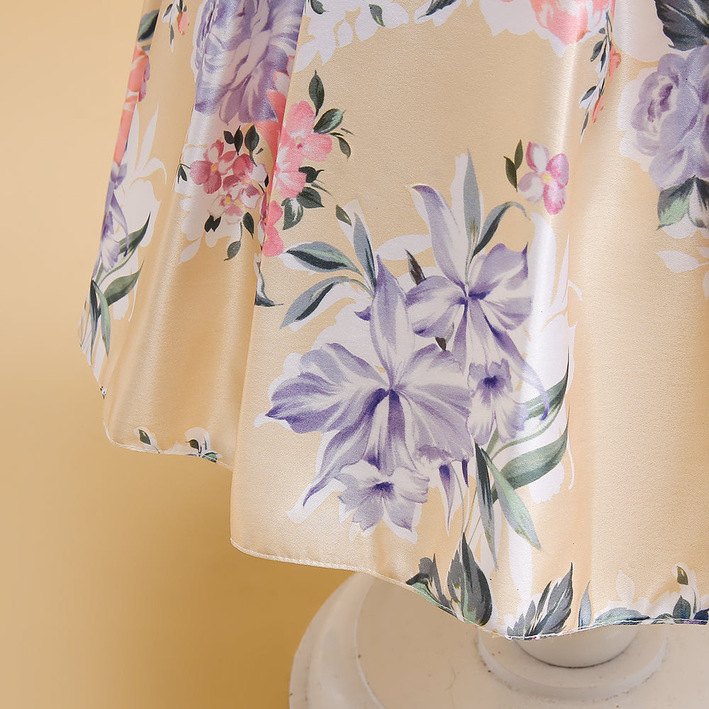 Girls White Round Neck Floral Print Ruffled Fit & Flare Dress