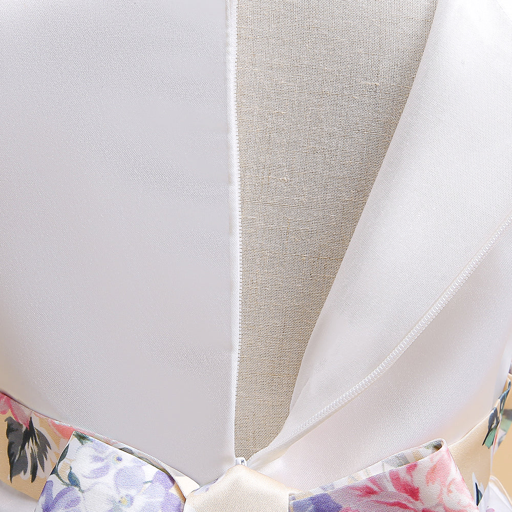 Girls White Round Neck Floral Print Ruffled Fit & Flare Dress