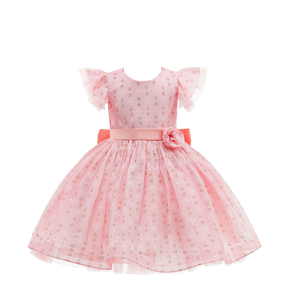 Girls Pink Self Design Flutter Sleeve Corsage Detail Fit & Flare Dress