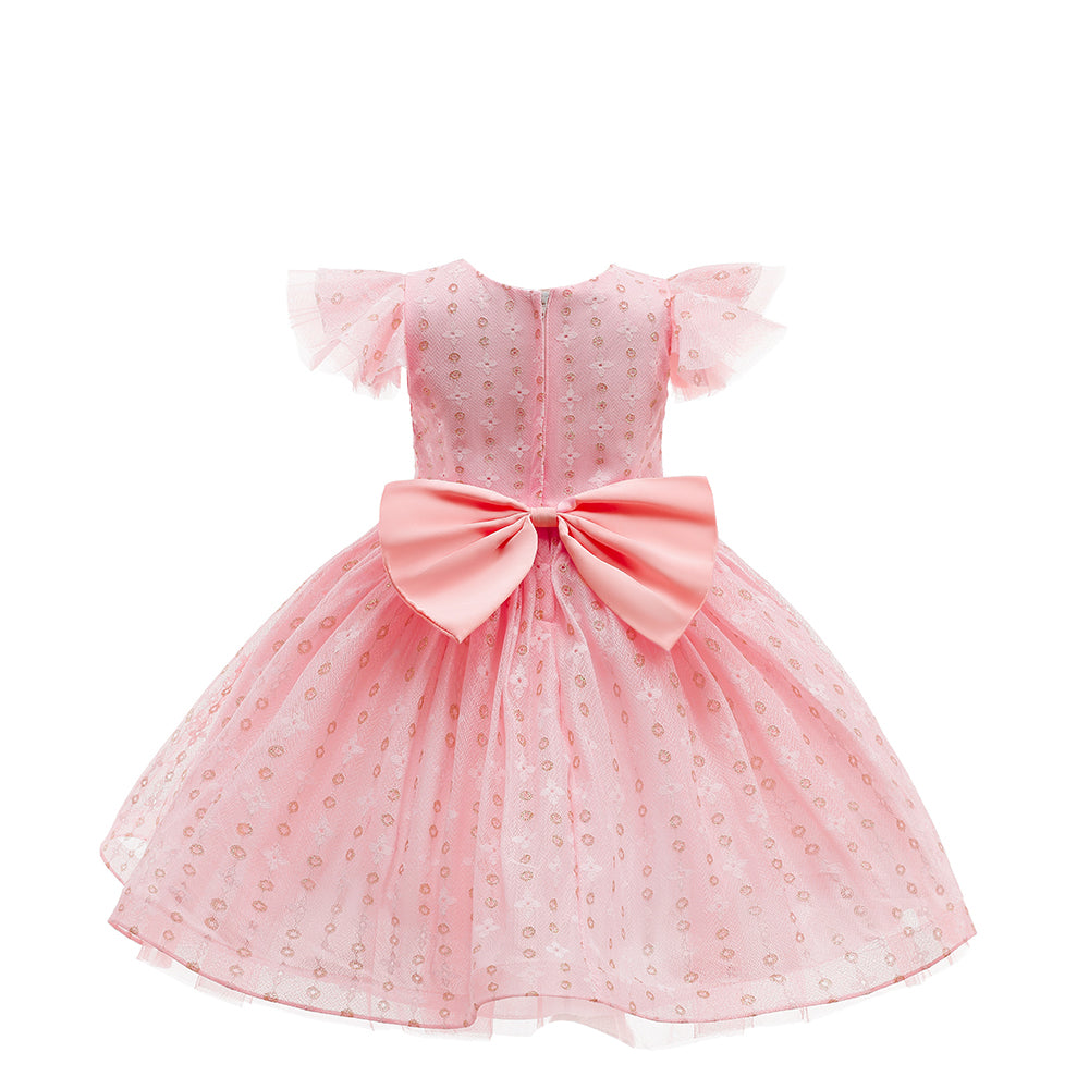 Girls Pink Self Design Flutter Sleeve Corsage Detail Fit & Flare Dress