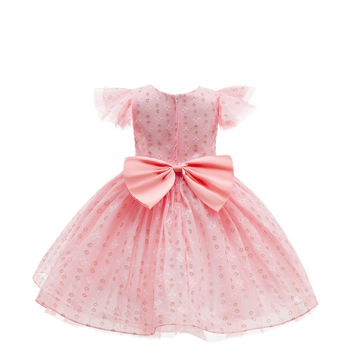 Girls Pink Self Design Flutter Sleeve Corsage Detail Fit & Flare Dress