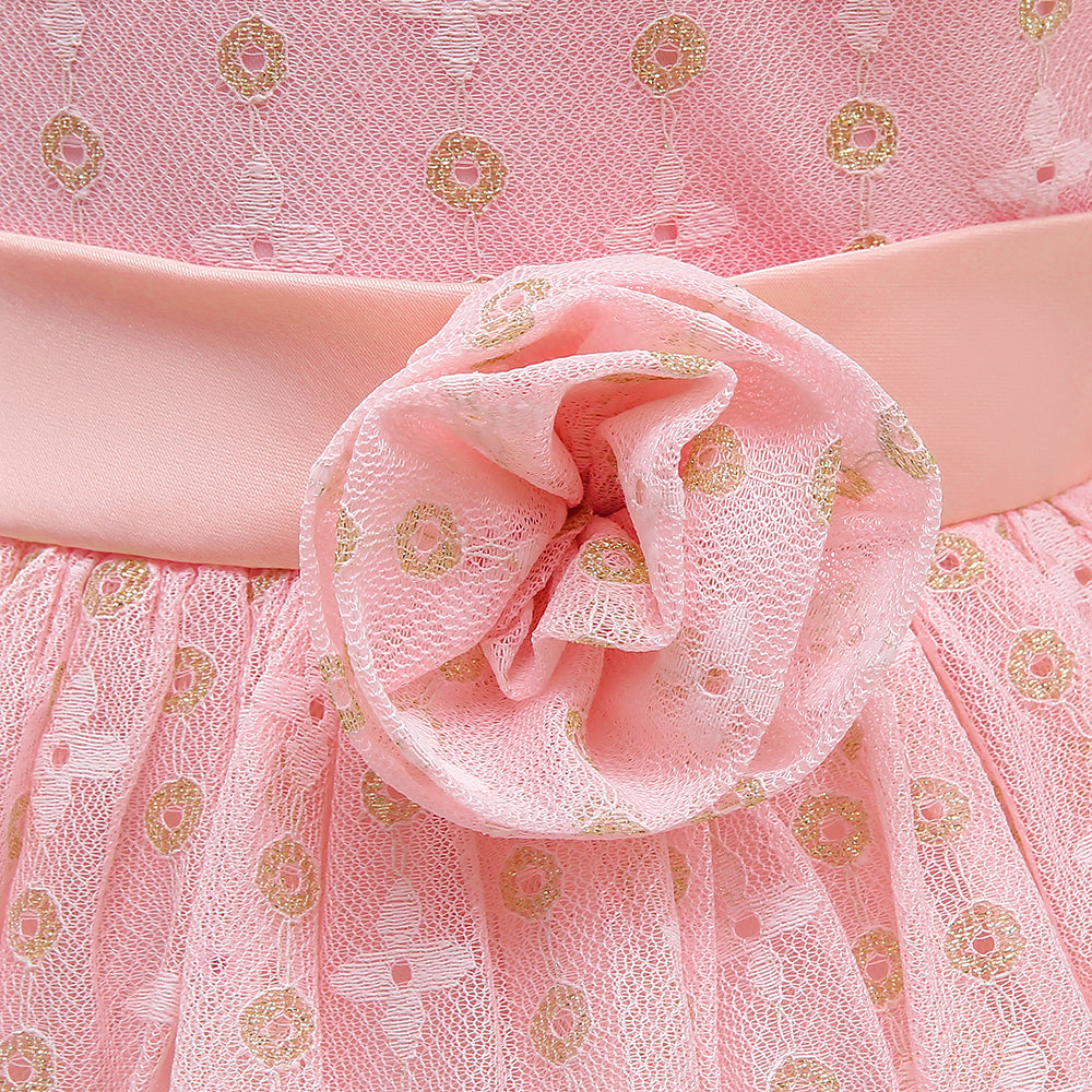 Girls Pink Self Design Flutter Sleeve Corsage Detail Fit & Flare Dress
