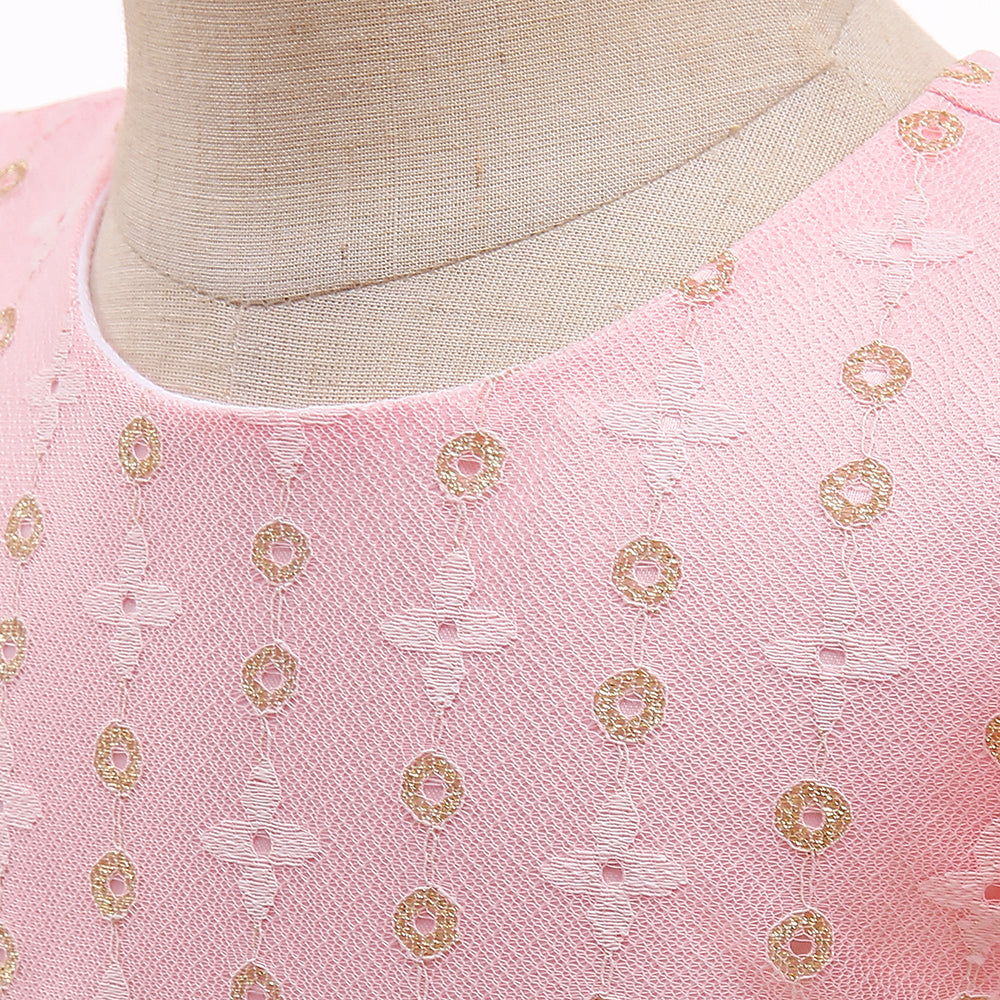 Girls Pink Self Design Flutter Sleeve Corsage Detail Fit & Flare Dress