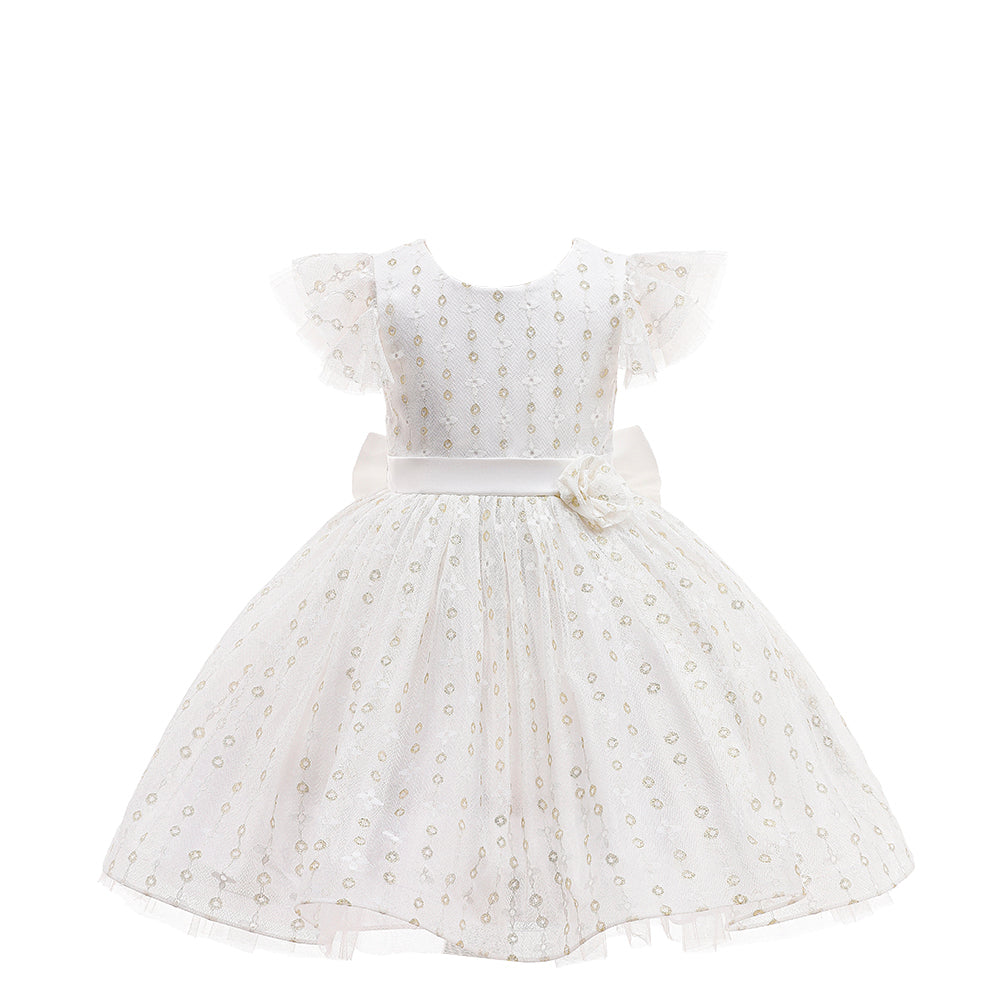 White & Beige Girls Geometric Self Design Flutter Sleeves Fit & Flare Dress